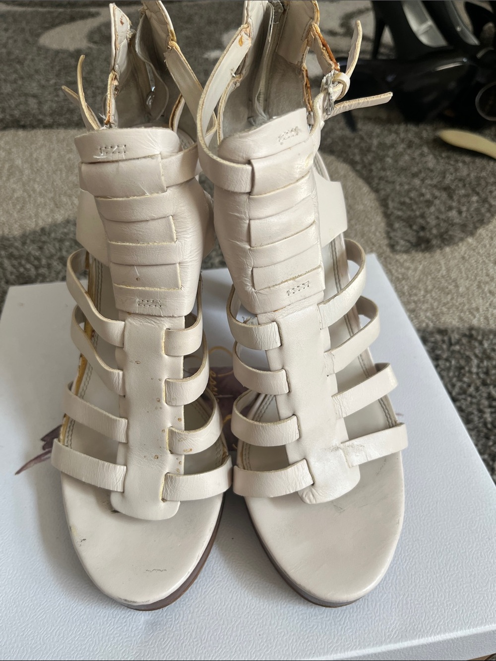 Guess Cream Strappy Gladiator Platform Heels.